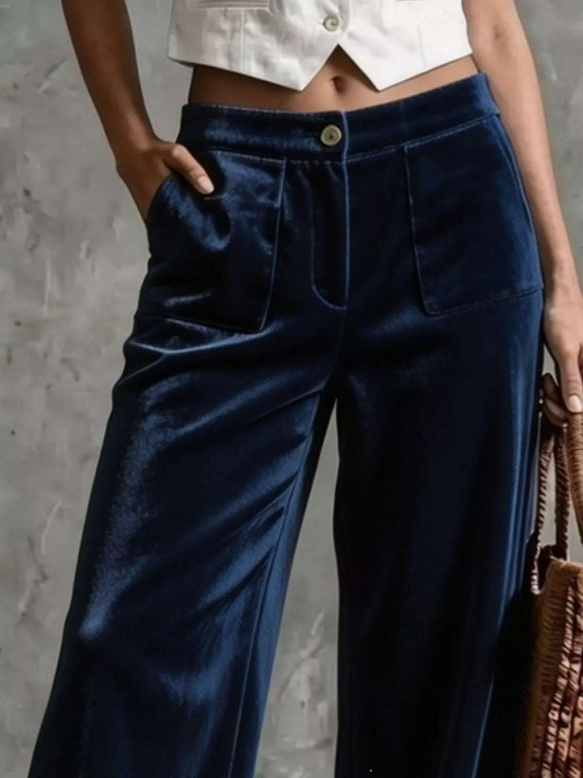 Full Size High-Waisted Wide-Leg Velvet Pants with Front Pockets Plus Size, view 3