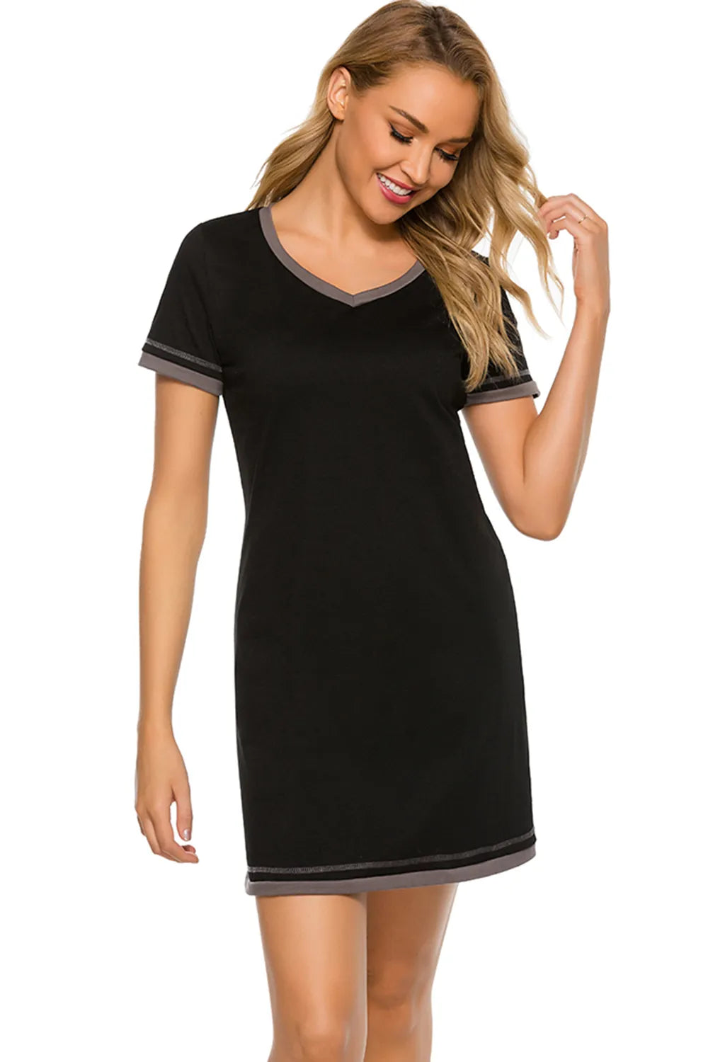 Contrast Trim Short Sleeve Lounge Dress - Lilixa.store