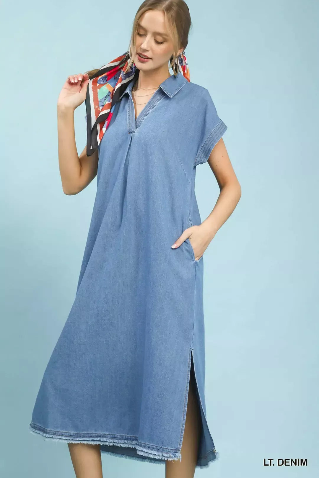 Umgee Stone Washed Collared Denim Midi Dress - Lilixa.store