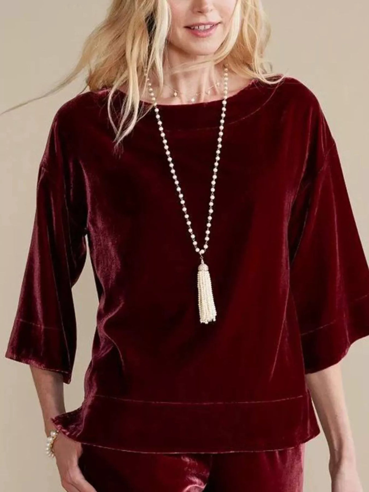 Velvet Boat-Neck T-Shirt with Three-Quarter Sleeves in Wine Red