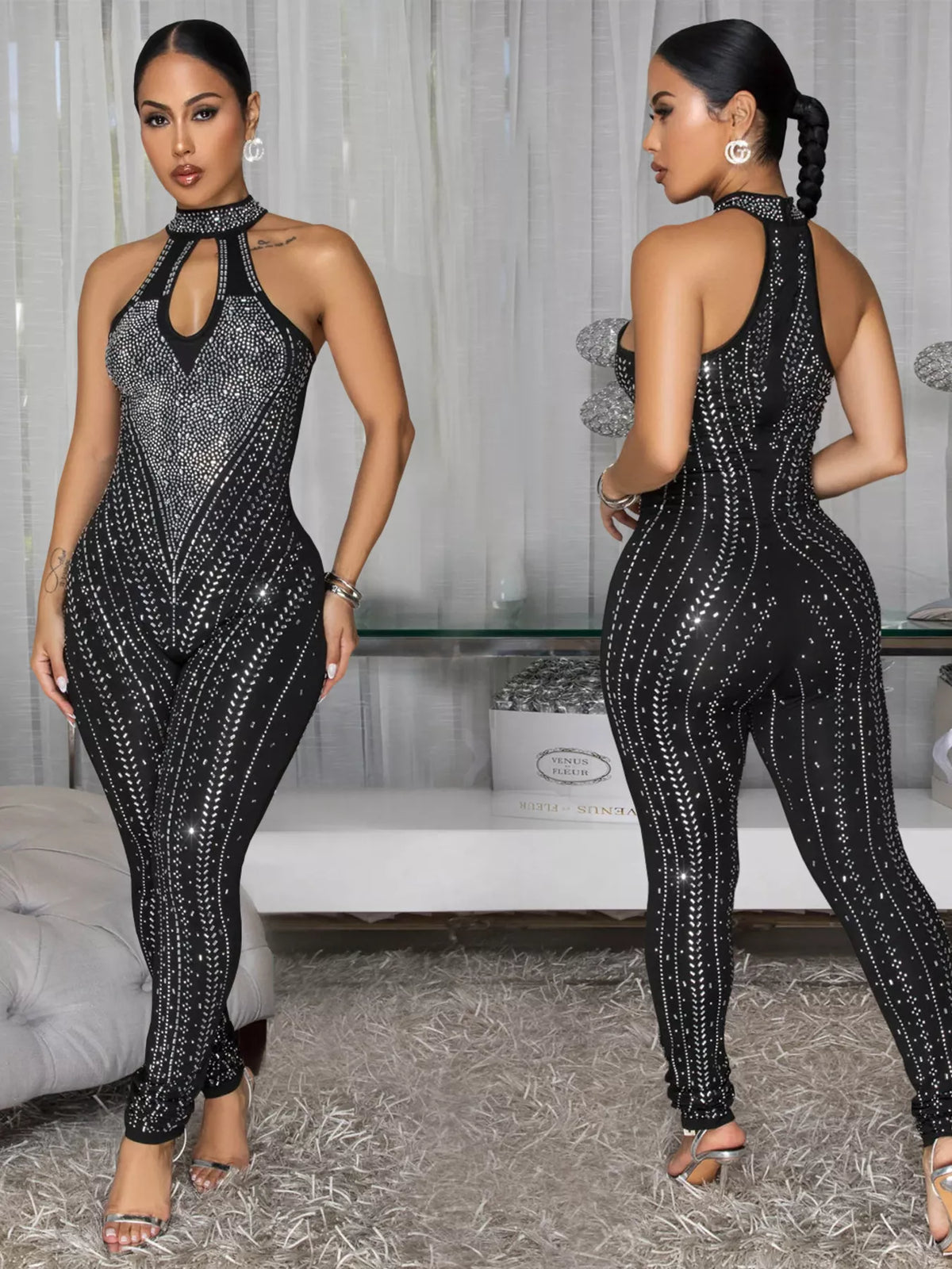 Sparkling Rhinestone Cutout Jumpsuit - Lilixa.store