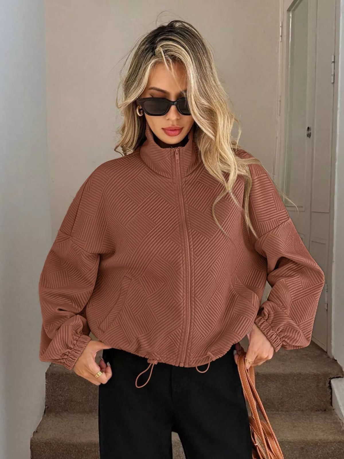 Drawstring Hem Textured Long Sleeve Jacket, view 19