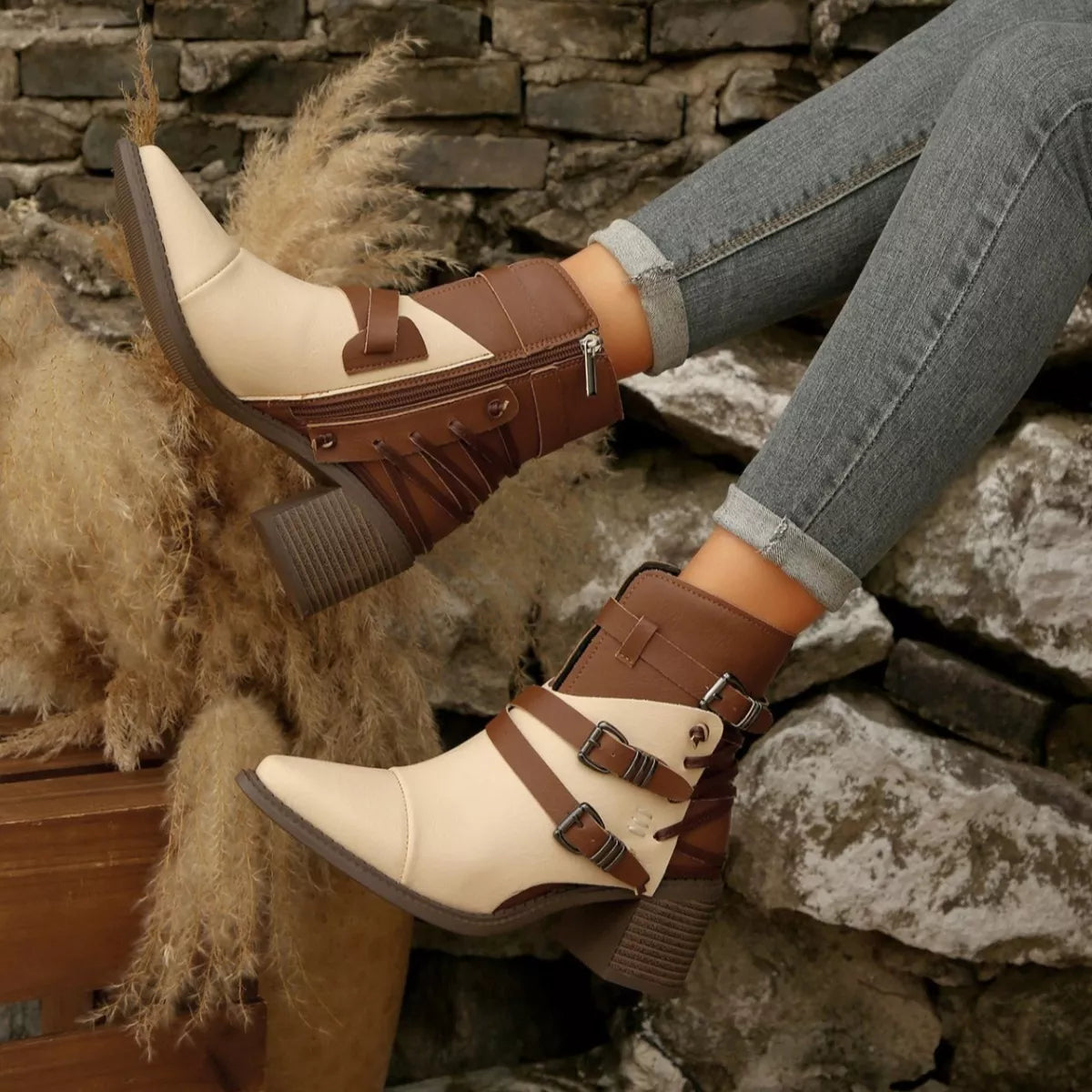 Point Toe Buckle Strap Ankle Boots with Block Heels - Lilixa.store