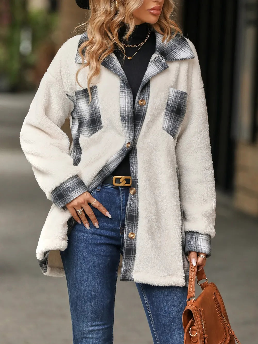 Plaid Contrast Dropped Shoulder Coat in White
