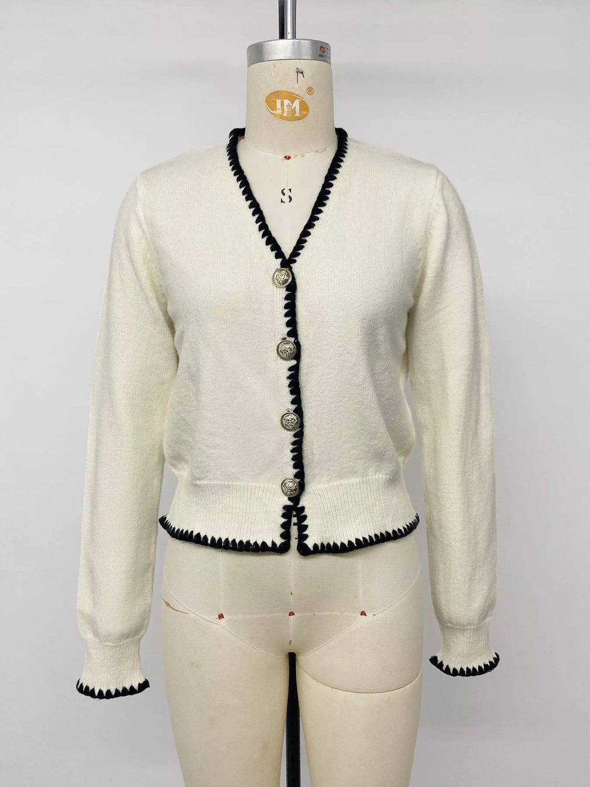 Contrast Trim V-Neck Button-Down Cardigan in Beige, view 7