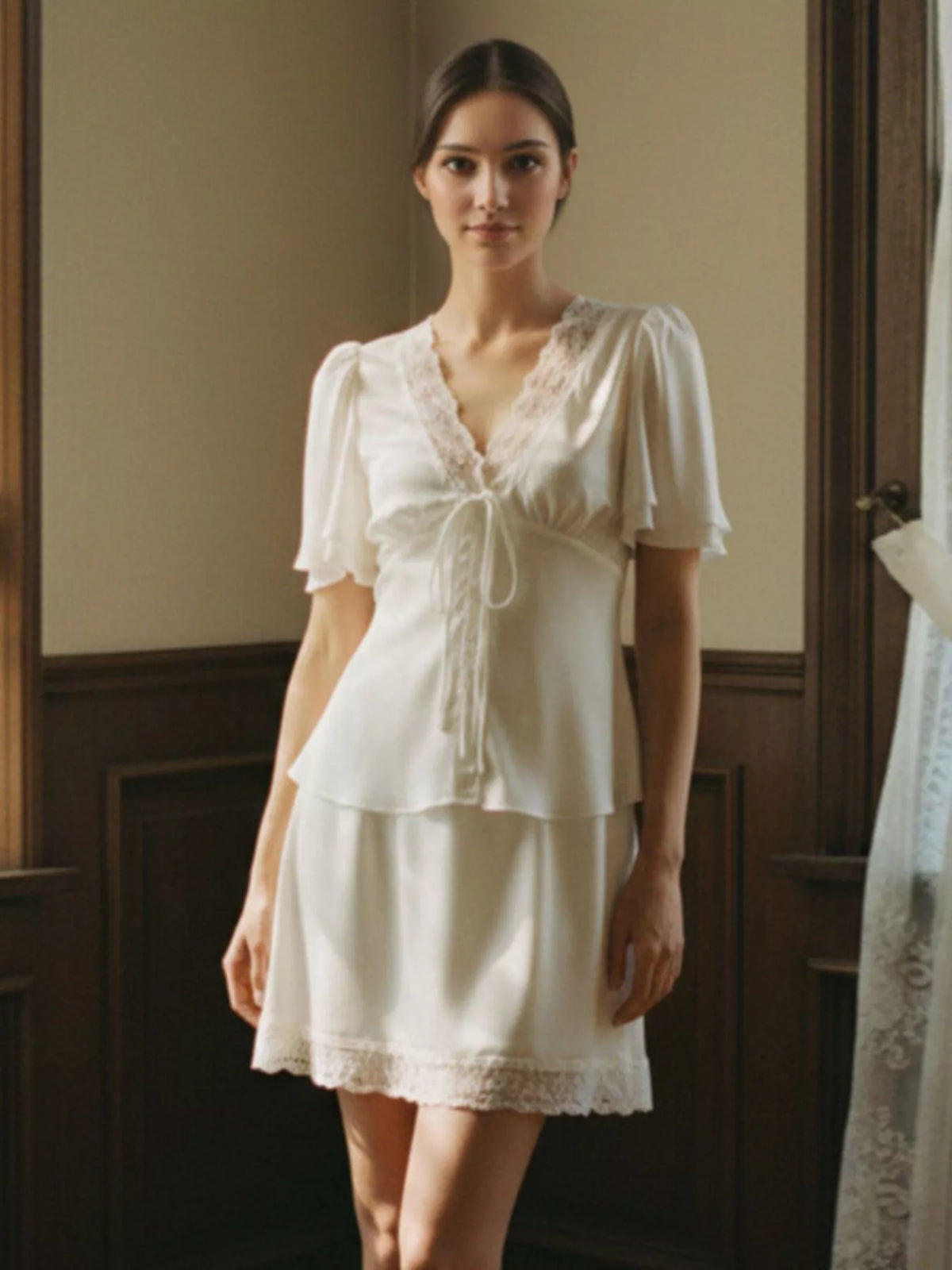 Lace Detail Short Sleeve Top and Skirt Set in Yellow