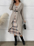 Full Size Ribbed Knit Cardigan and Plaid Dress Two-Piece Set Plus Size - Lilixa.store