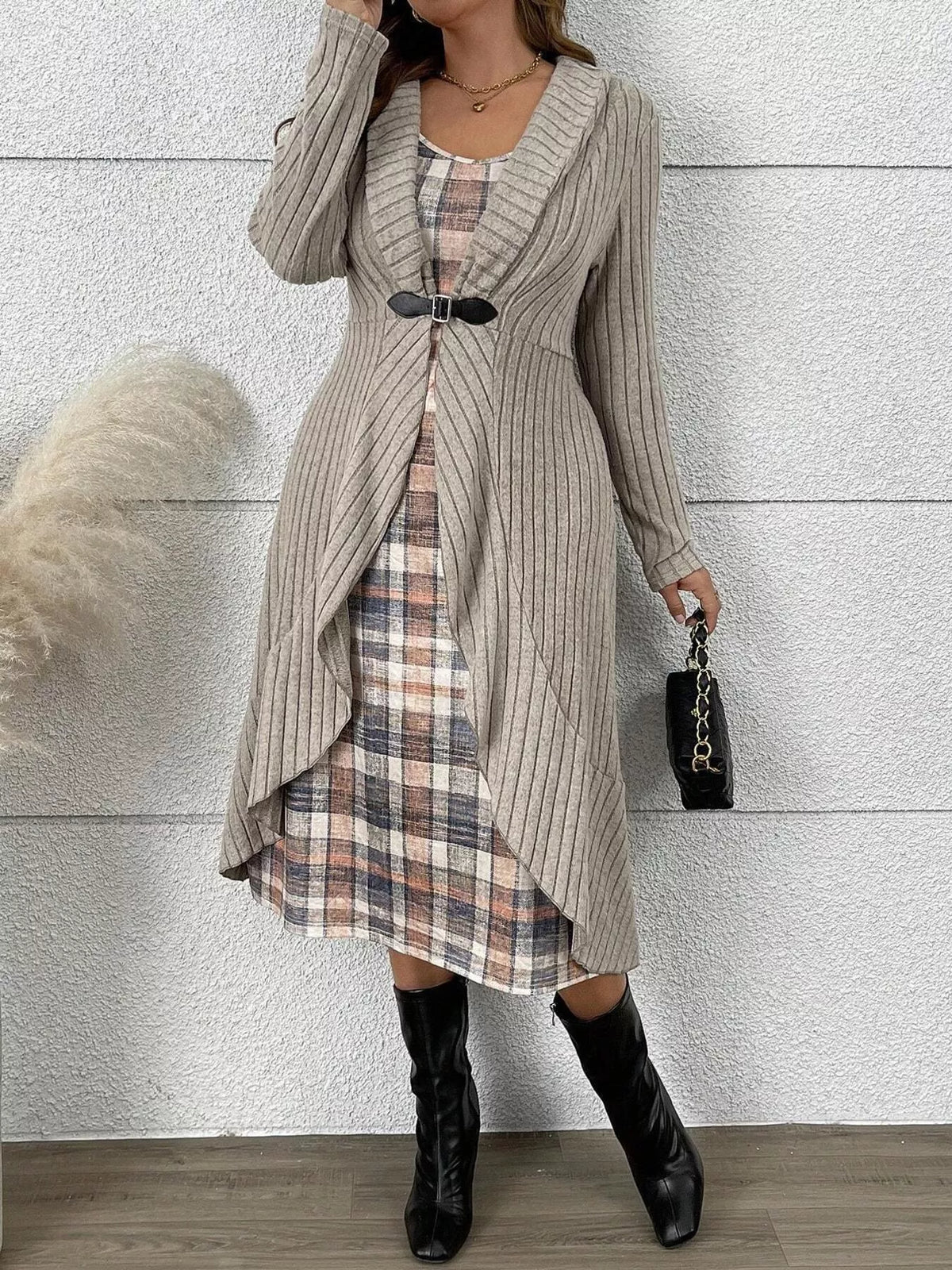 Full Size Ribbed Knit Cardigan and Plaid Dress Two-Piece Set Plus Size - Lilixa.store