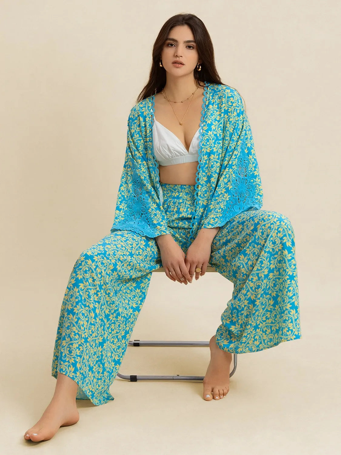 Open Front Printed Top and Pants Set - Lilixa.store