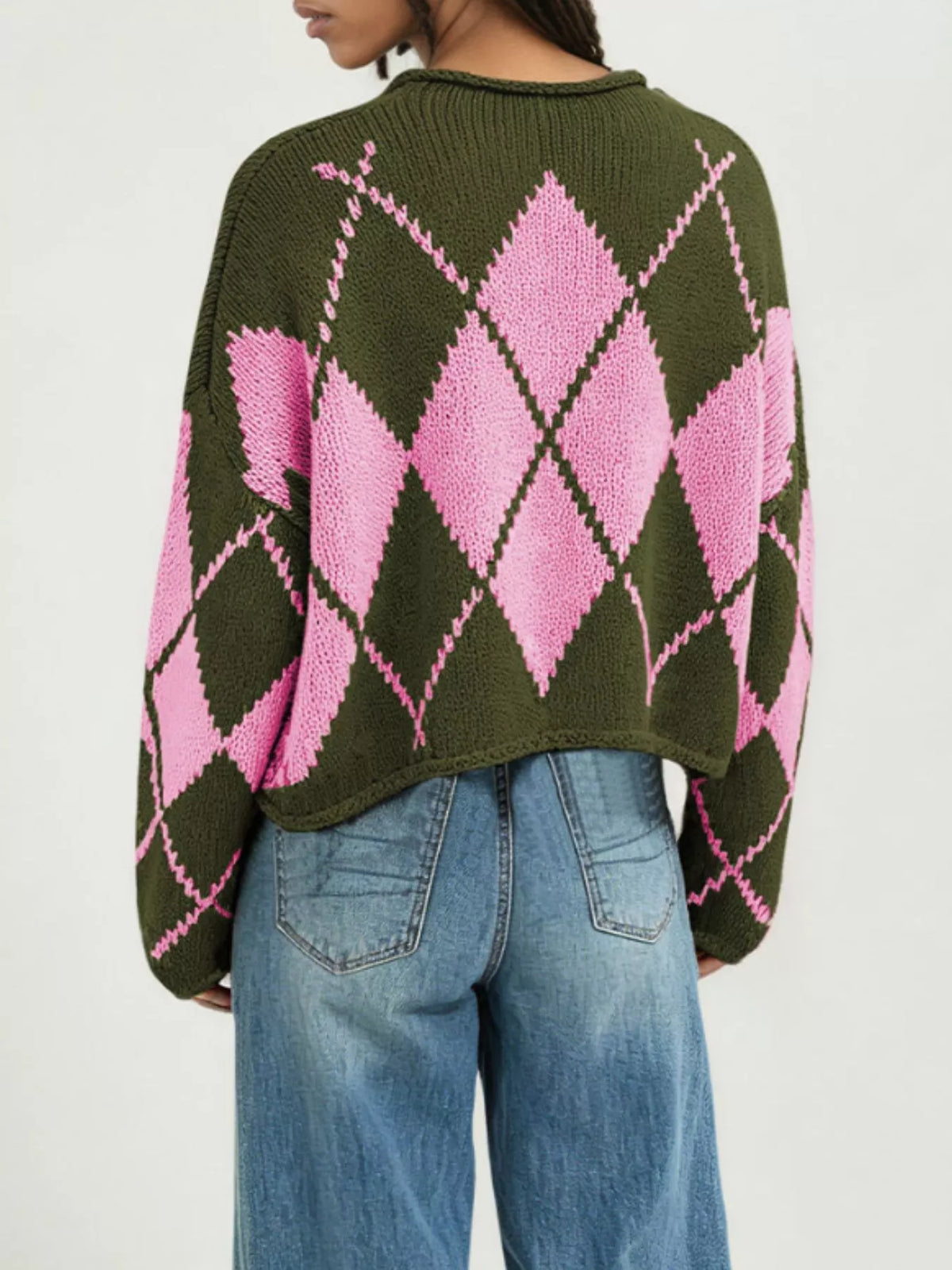 Argyle Pattern Knit Dropped Shoulder Sweater - Lilixa.store