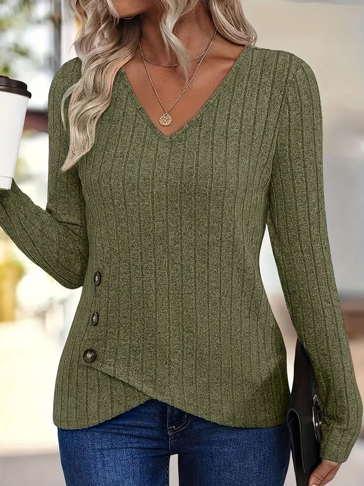 Ribbed Knit V-Neck Long Sleeve T-Shirt - Lilixa.store