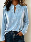 Full Size Velvet Notched Long Sleeve Blouse Plus Size - Lilixa.store