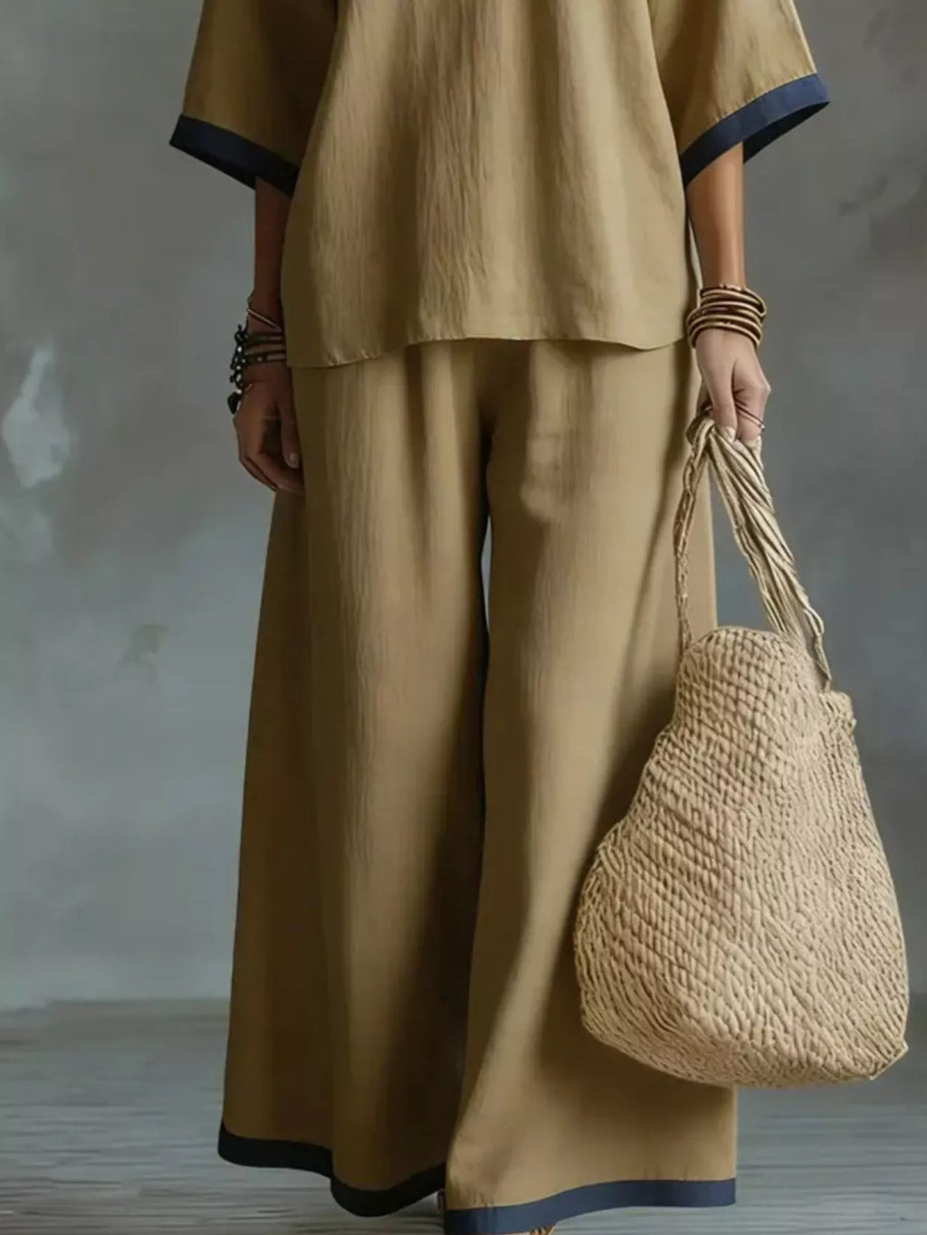 Full Size Contrast Trim V-Neck Top and Pants Set Plus Size - Lilixa.store