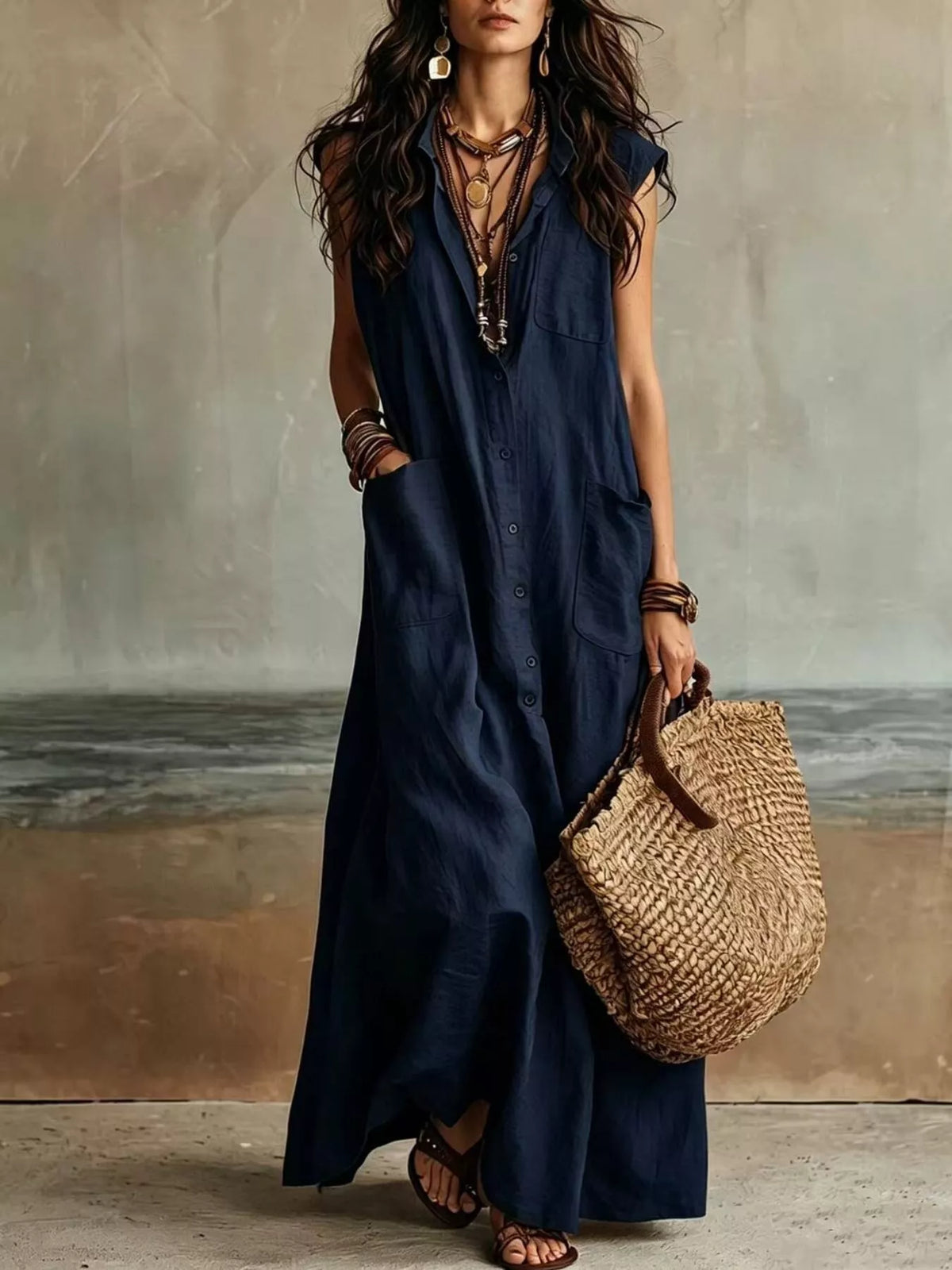 Sleeveless Button-Down Linen Maxi Dress - Lilixa.store