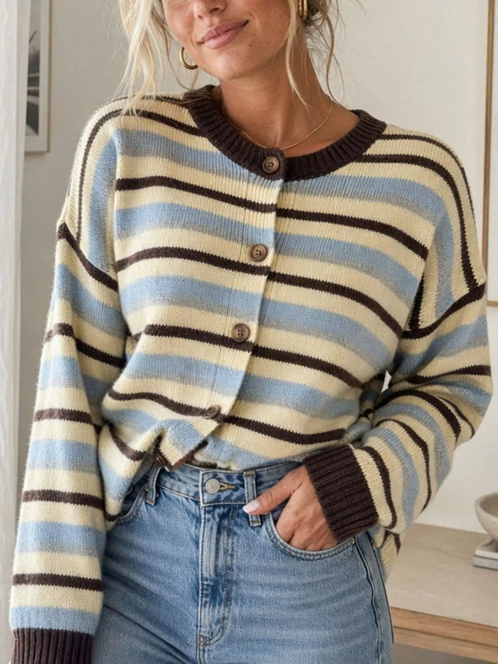 Striped Crew Neck Button-Down Cardigan in Yellow