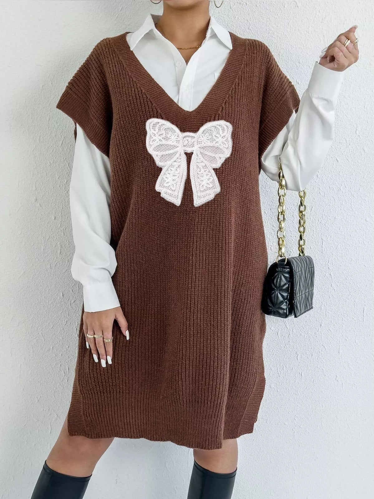 Embroidered Bow V-Neck Sweater Vest - Lilixa.store