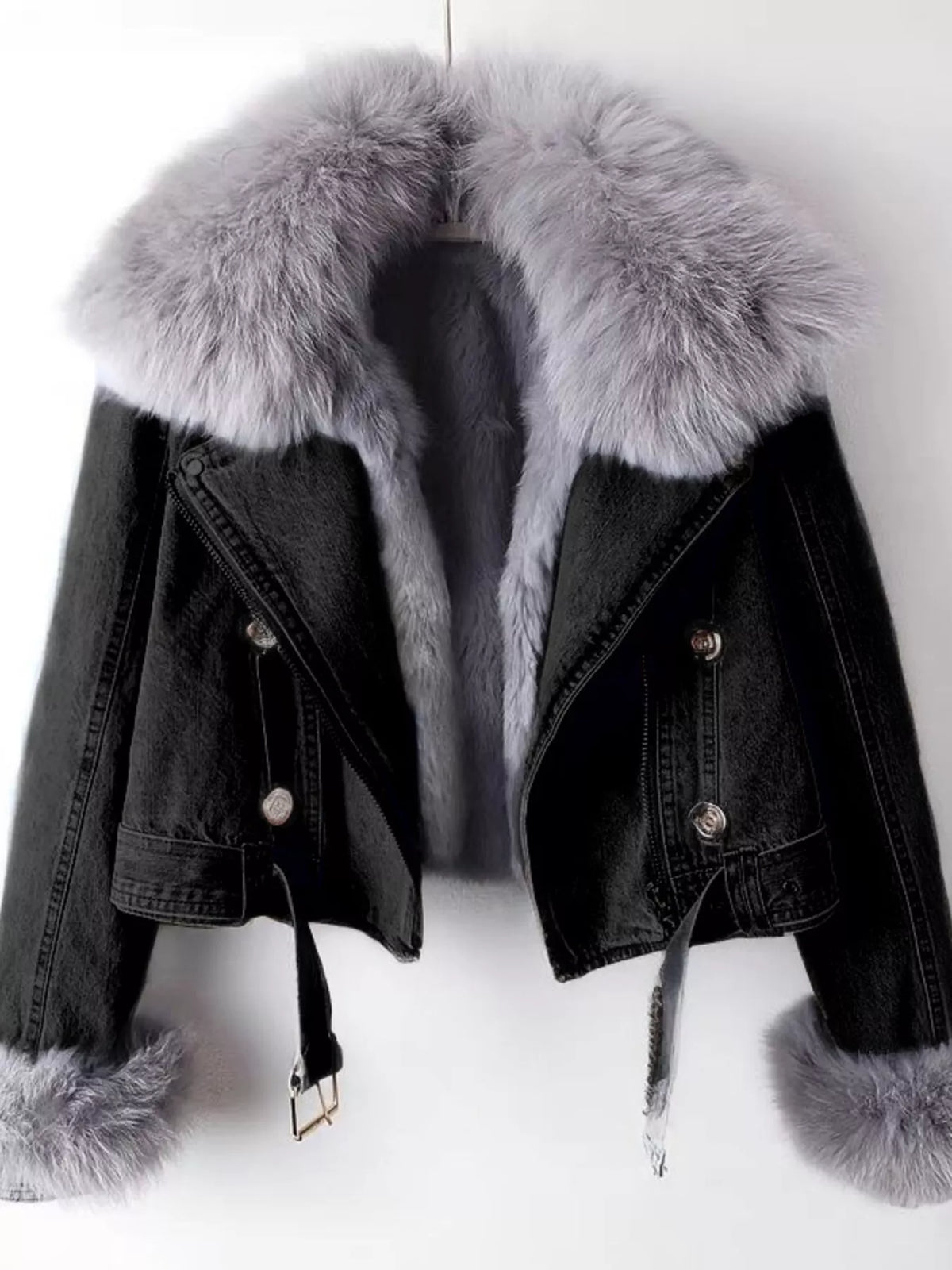 Full Size Faux Fur Collar Denim Jacket Plus Size in Black