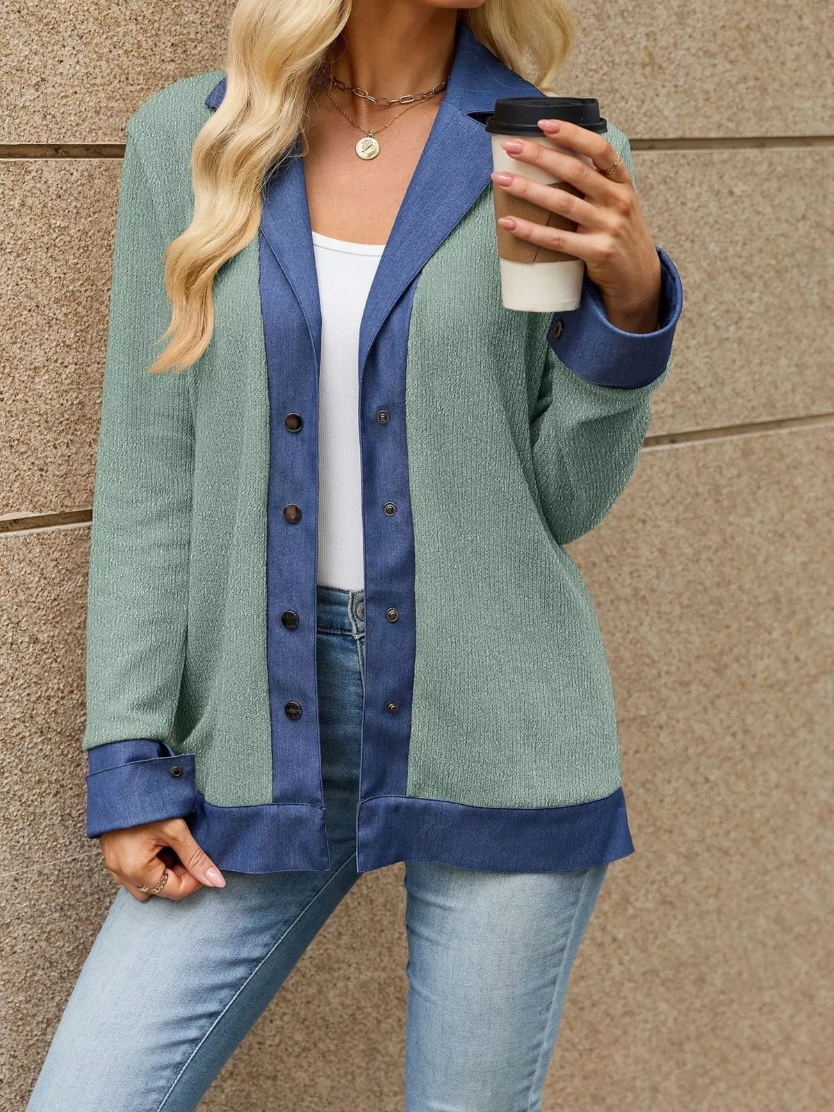 Contrast Denim Lapel Collar Outerwear - Lilixa.store