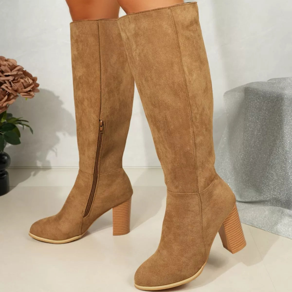 Point Toe Knee-High Suede Block Heel Boots - Lilixa.store