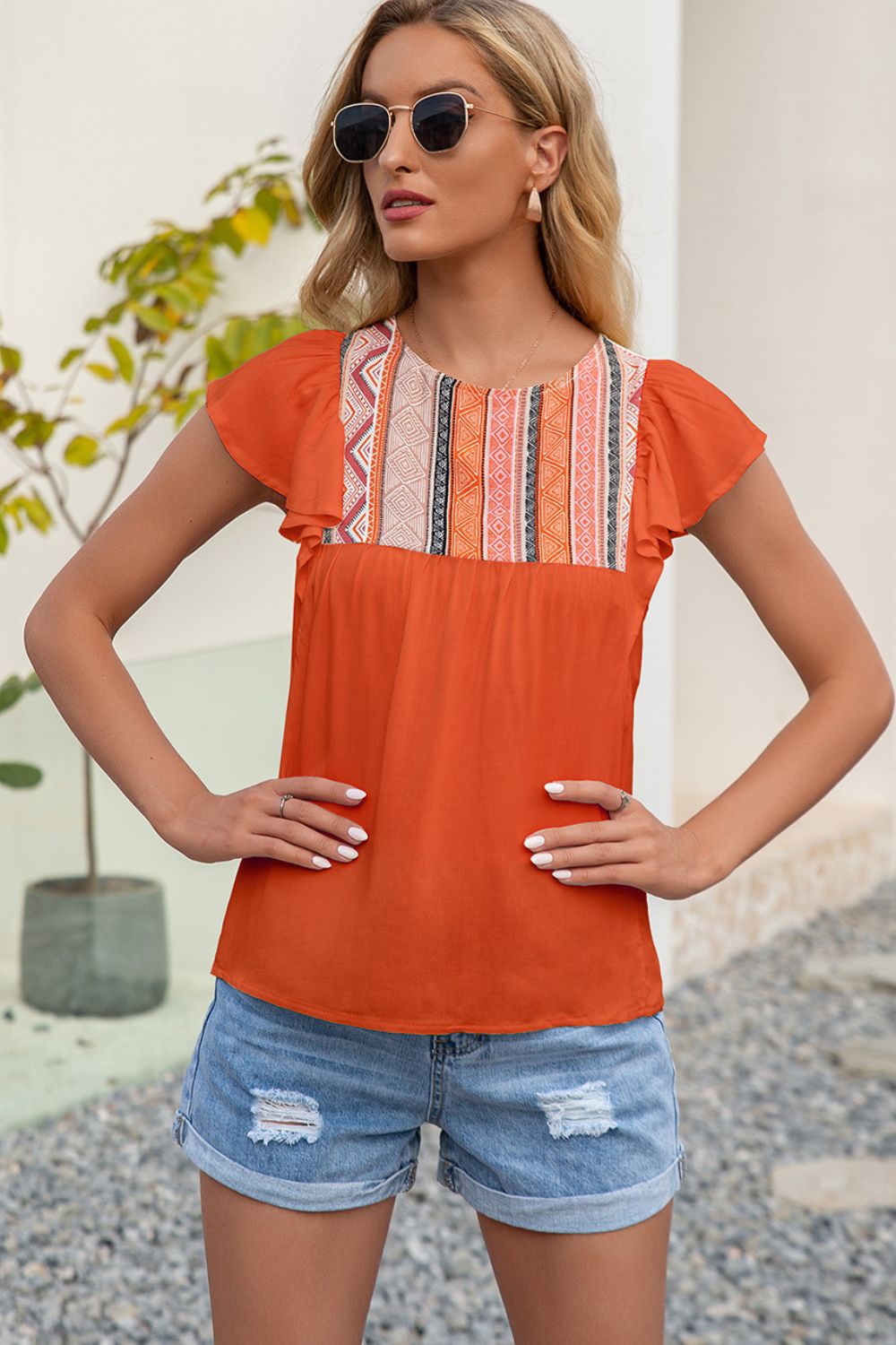 Ivy Lane Contrast Print Butterfly Sleeve Top - Lilixa.store
