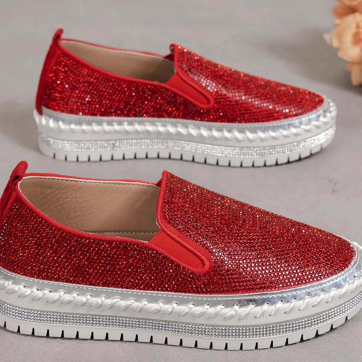 Rhinestone Round Toe Platform Loafers, view 2