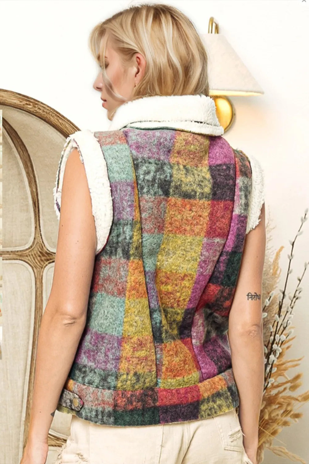 Double Take Full Size Snap Down Plaid Fleece Vest Coat with Pockets in Multicolored Plaid, view 2