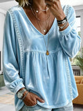 Full Size Velvet Lace Detail V-Neck Blouse Plus Size - Lilixa.store
