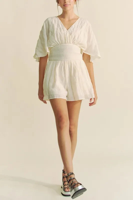 Davi & Dani Batwing Sleeve Waist Belt Romper - Lilixa.store