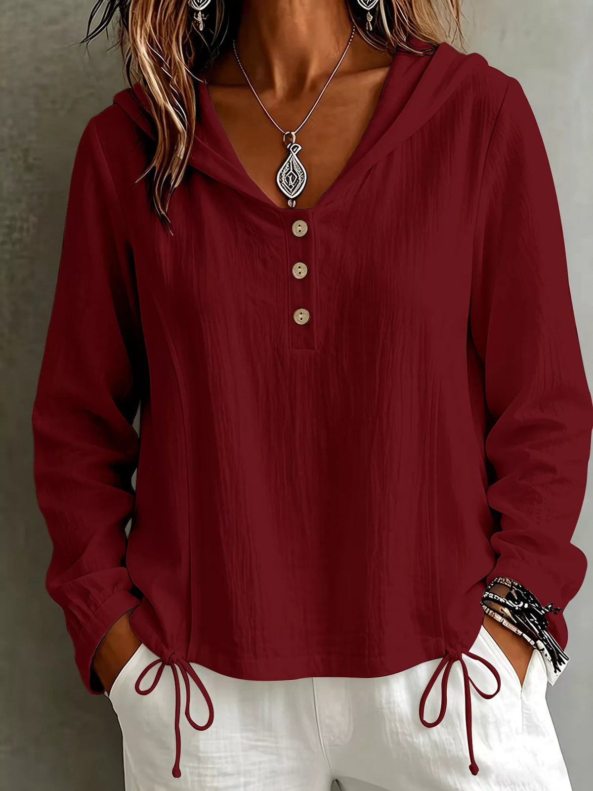 Button Detail Long Sleeve Hooded Blouse in Burgundy