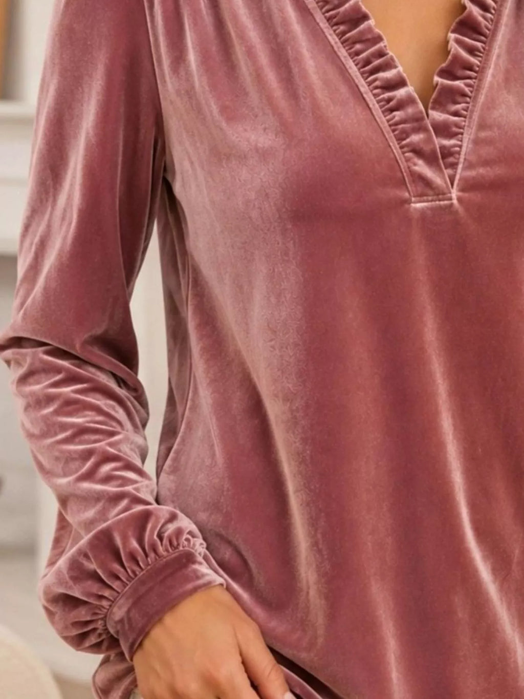 V-Neck Ruffle Trim Velvet Blouse - Lilixa.store