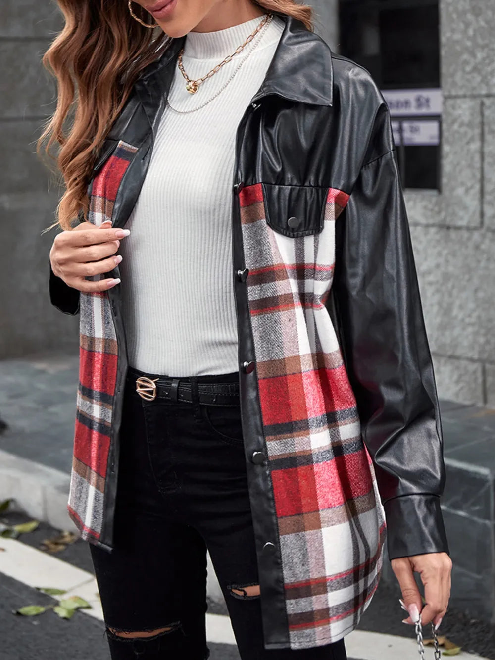Ivy Lane Plaid Button Up Dropped Shoulder Jacket in Black, view 2