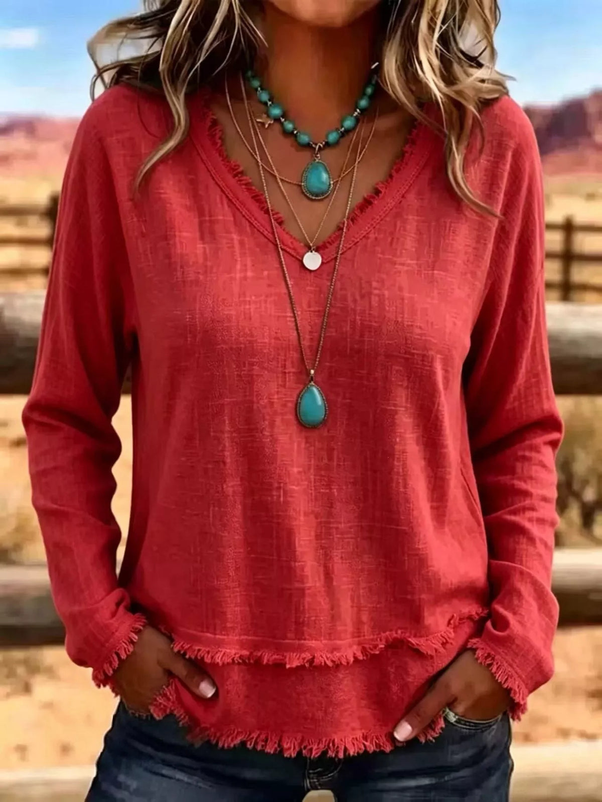 V-Neck Frayed Hem Long Sleeve T-Shirt - Lilixa.store