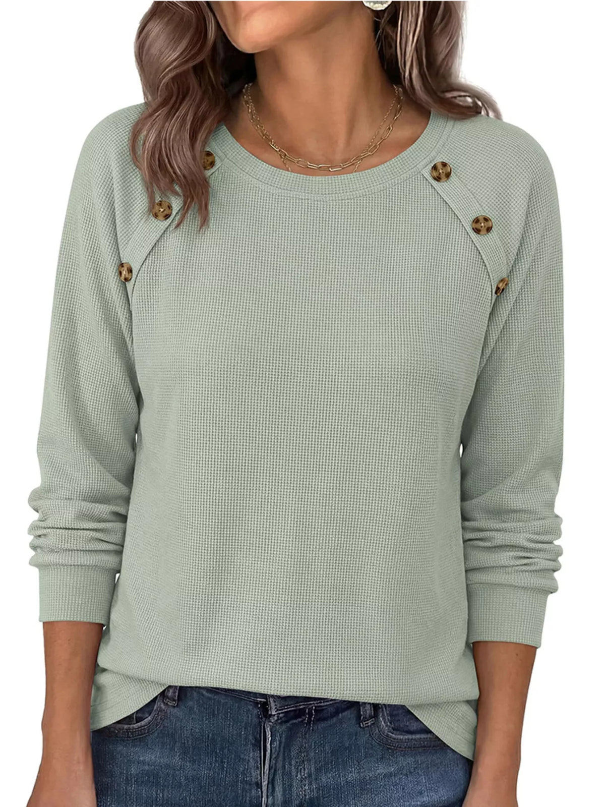Decorative Button Waffle Knit Long Sleeve T-Shirt