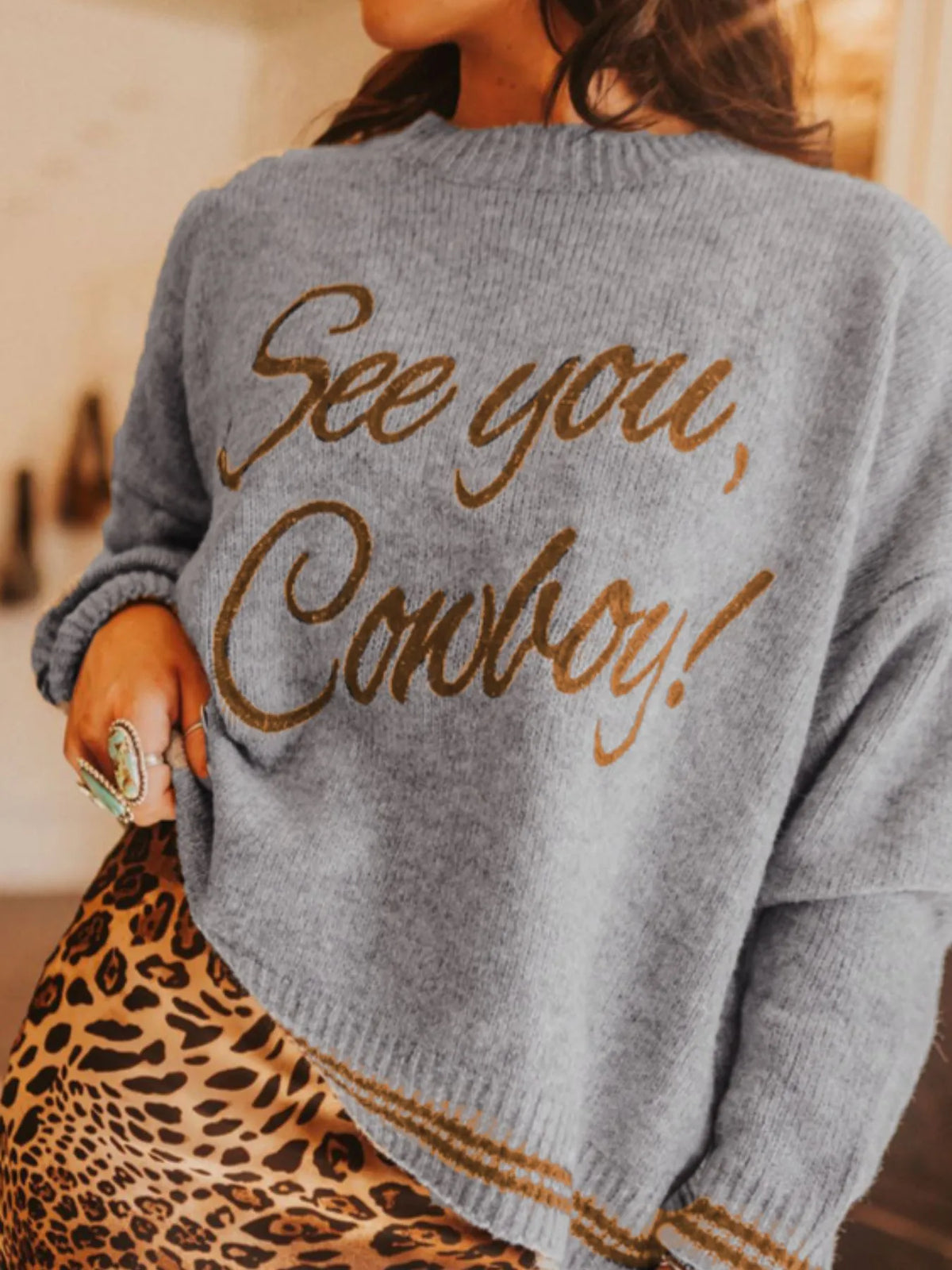 Letter Contrast Hem Round Neck Sweater - Lilixa.store