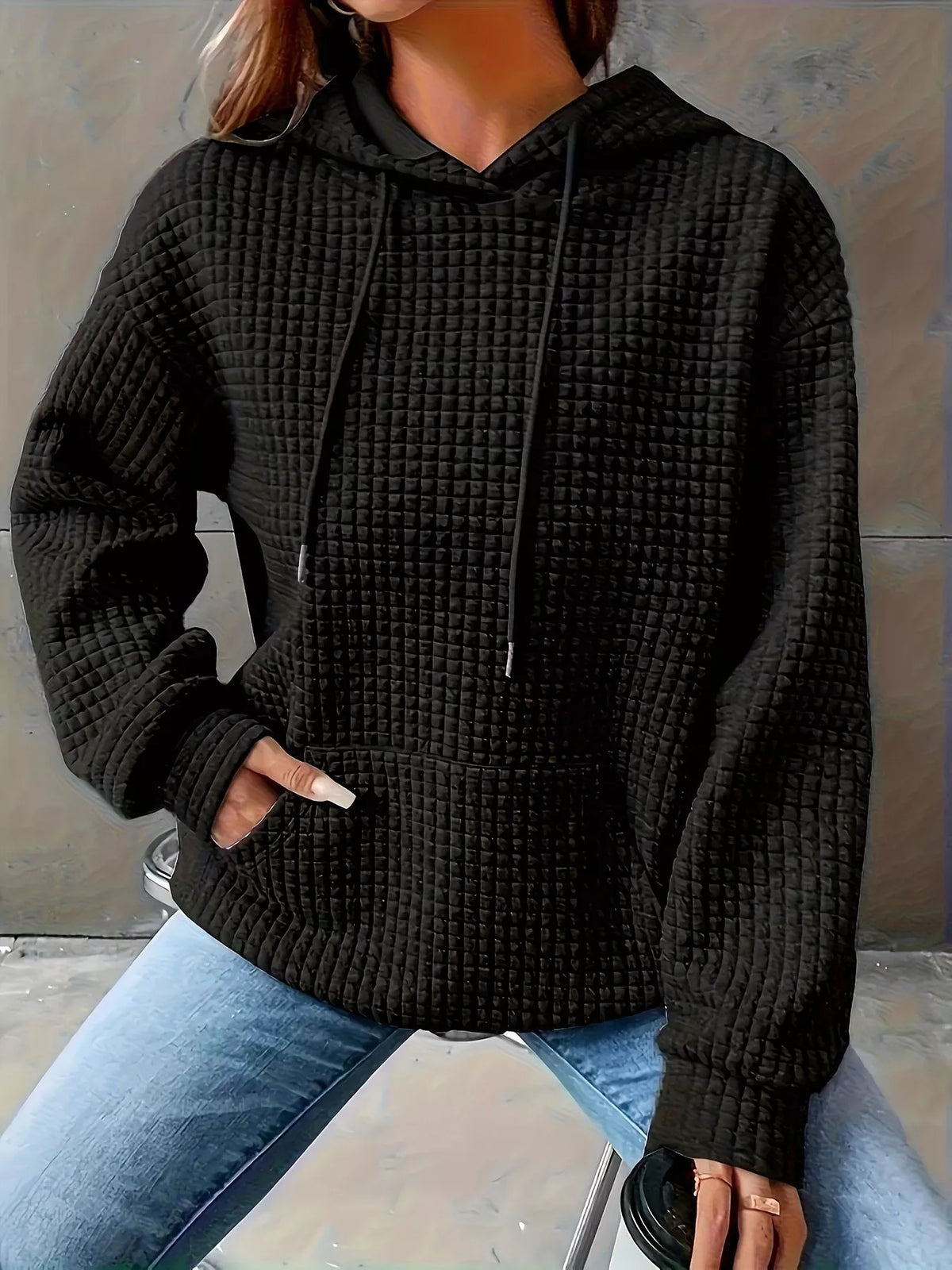 Textured Knit Drawstring Hoodie - Lilixa.store