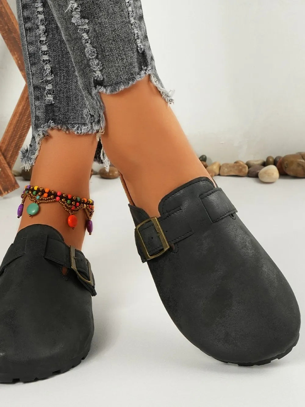 Round Toe Buckle Slip-Ons in Black