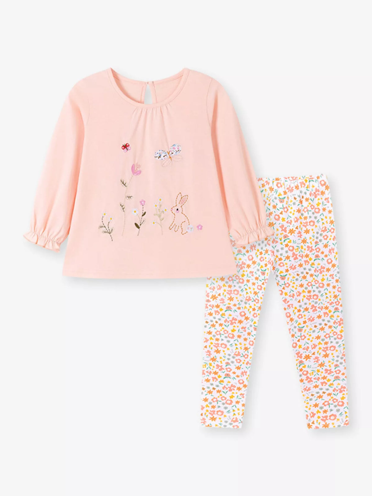 Children‘s Embroidered Long Sleeve Top and Floral Leggings Set in Watermelon pink, view 2