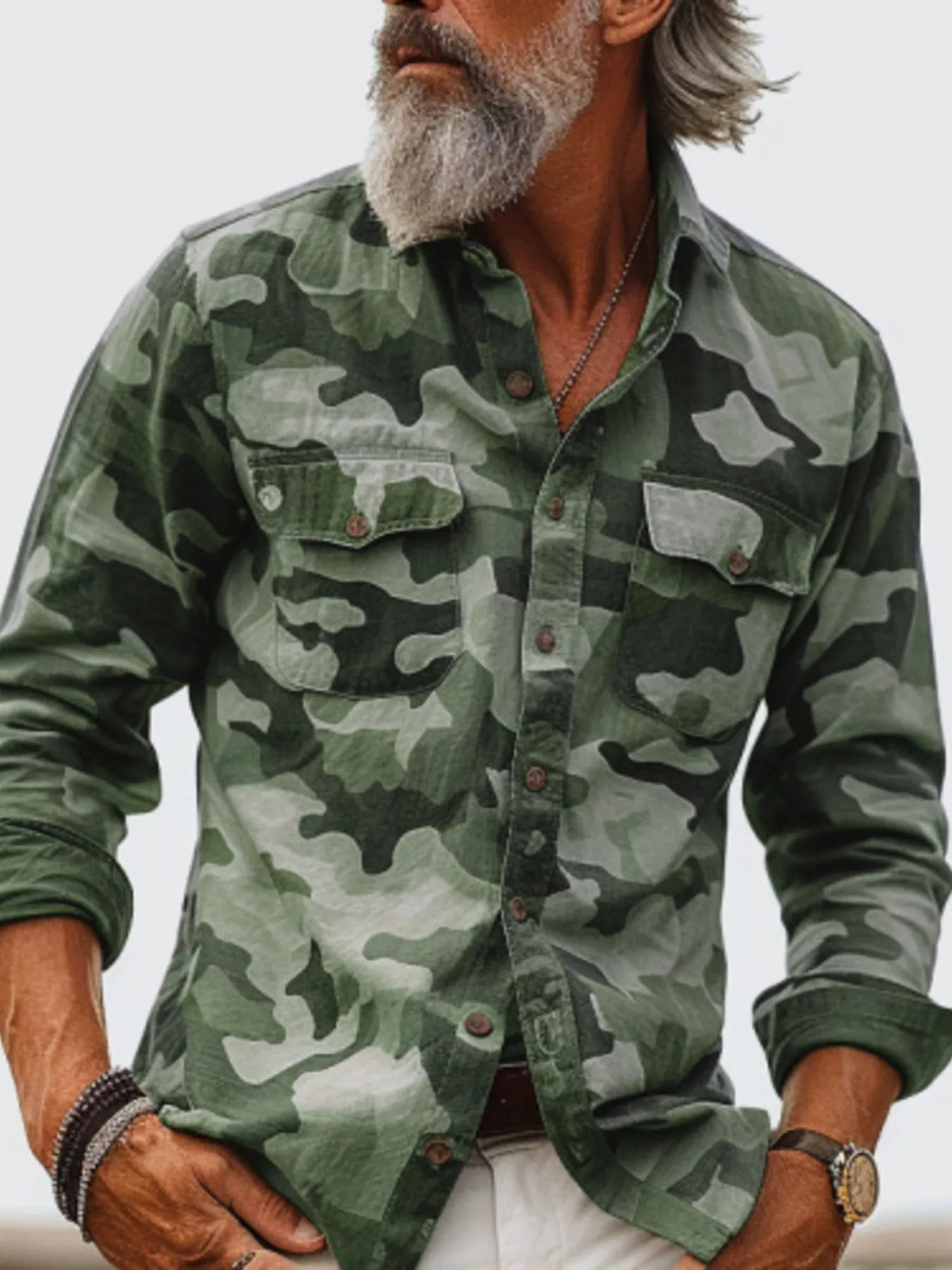 Men's Full Size Camouflage Print Shirt with Dual Chest Pockets Plus Size - Lilixa.store