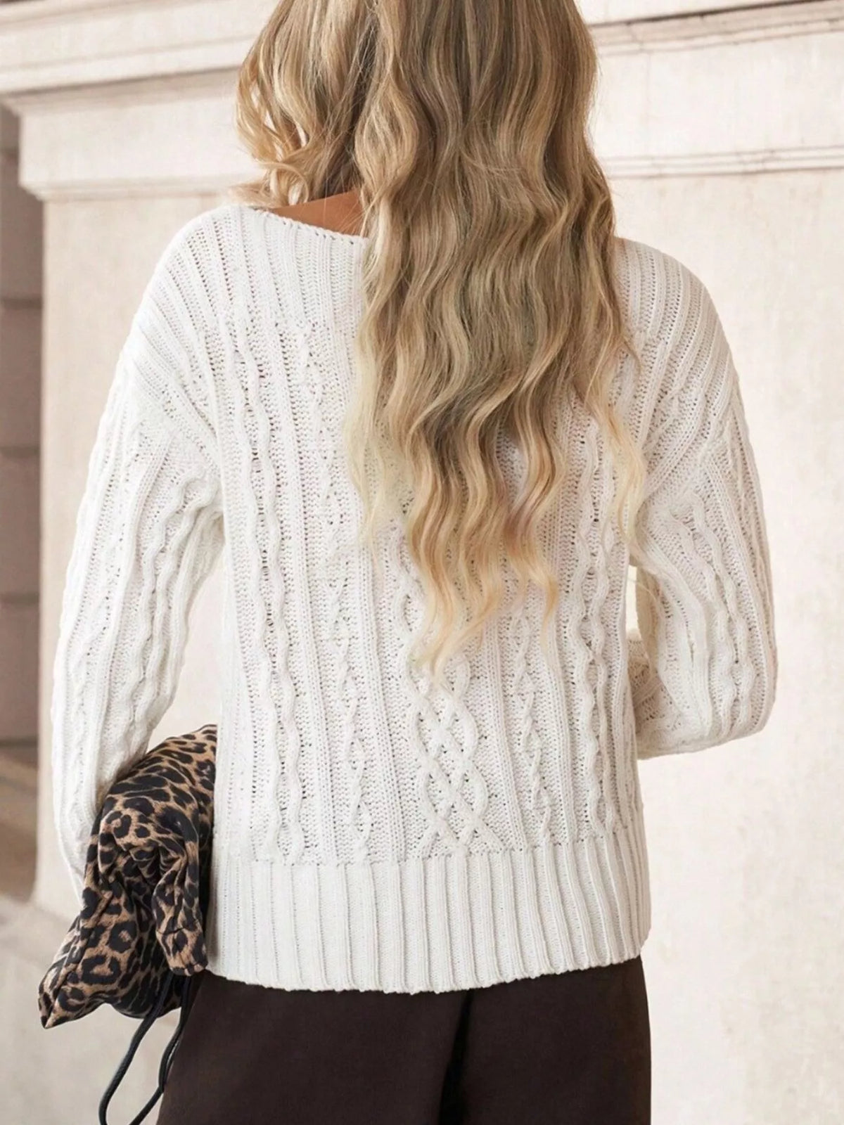 Cable-Knit Round Neck Sweater in White, view 4