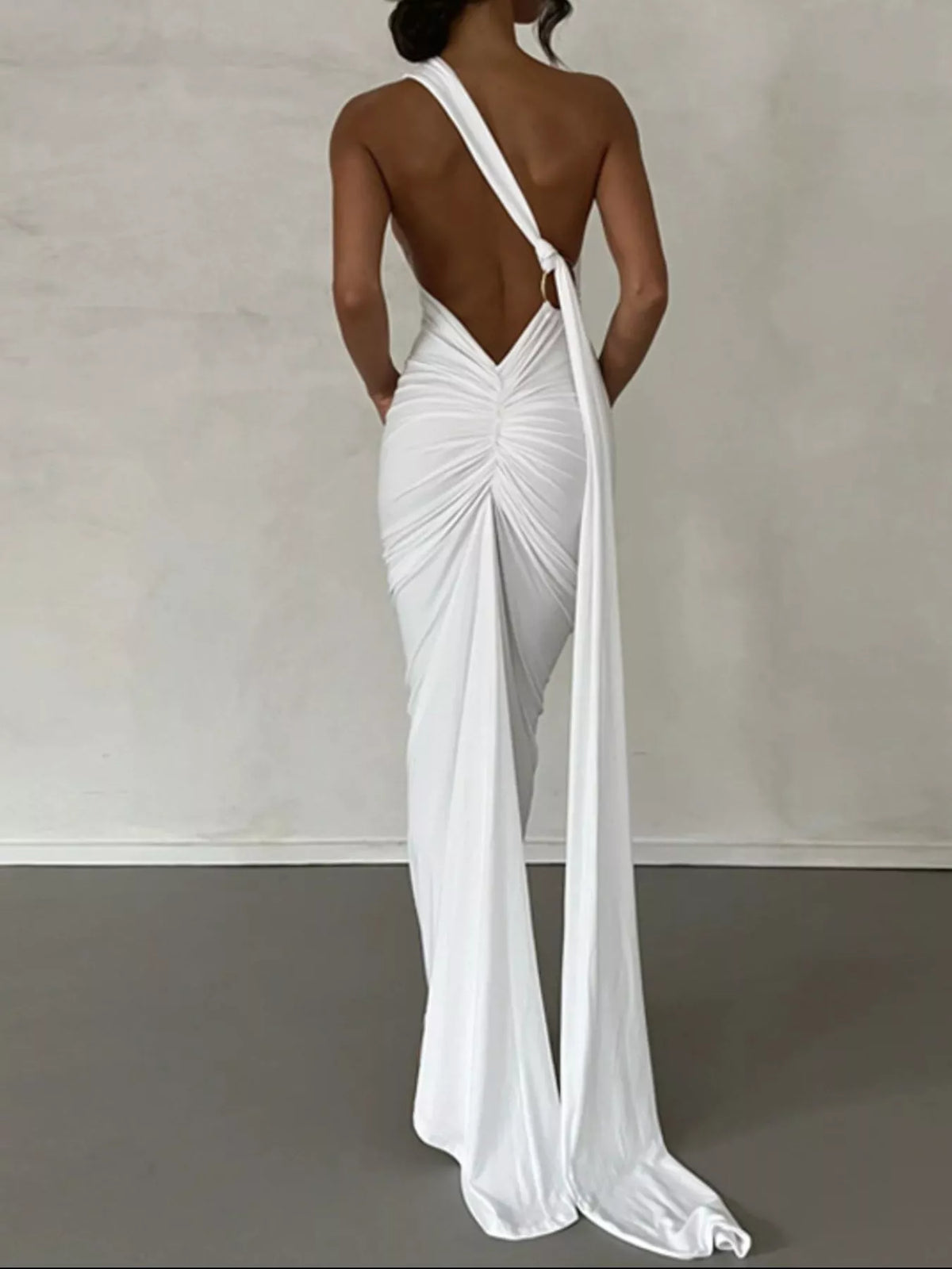 Backless One-Shoulder Ruched Bodycon Maxi Dress - Lilixa.store