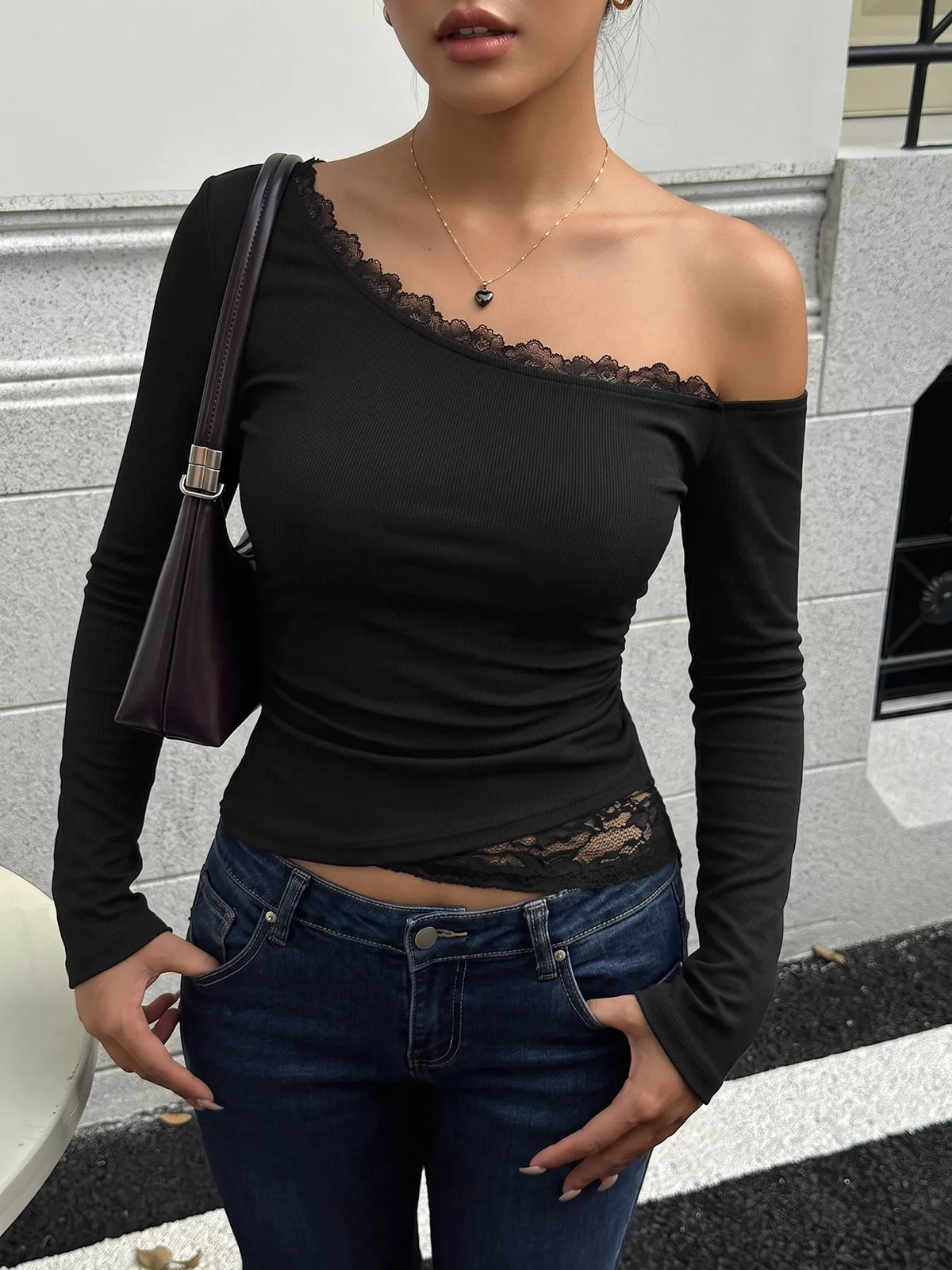 One-Shoulder Lace Trim Slim Fit T-Shirt in Black, view 2