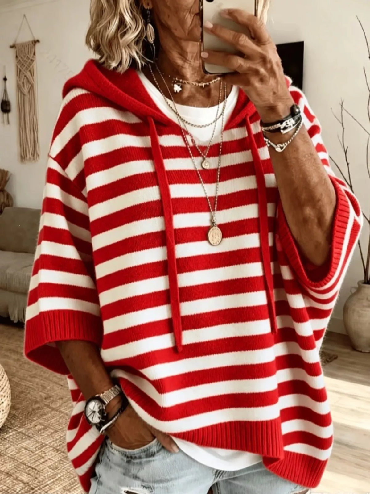 Casual Striped Hooded Knit Sweater in Red