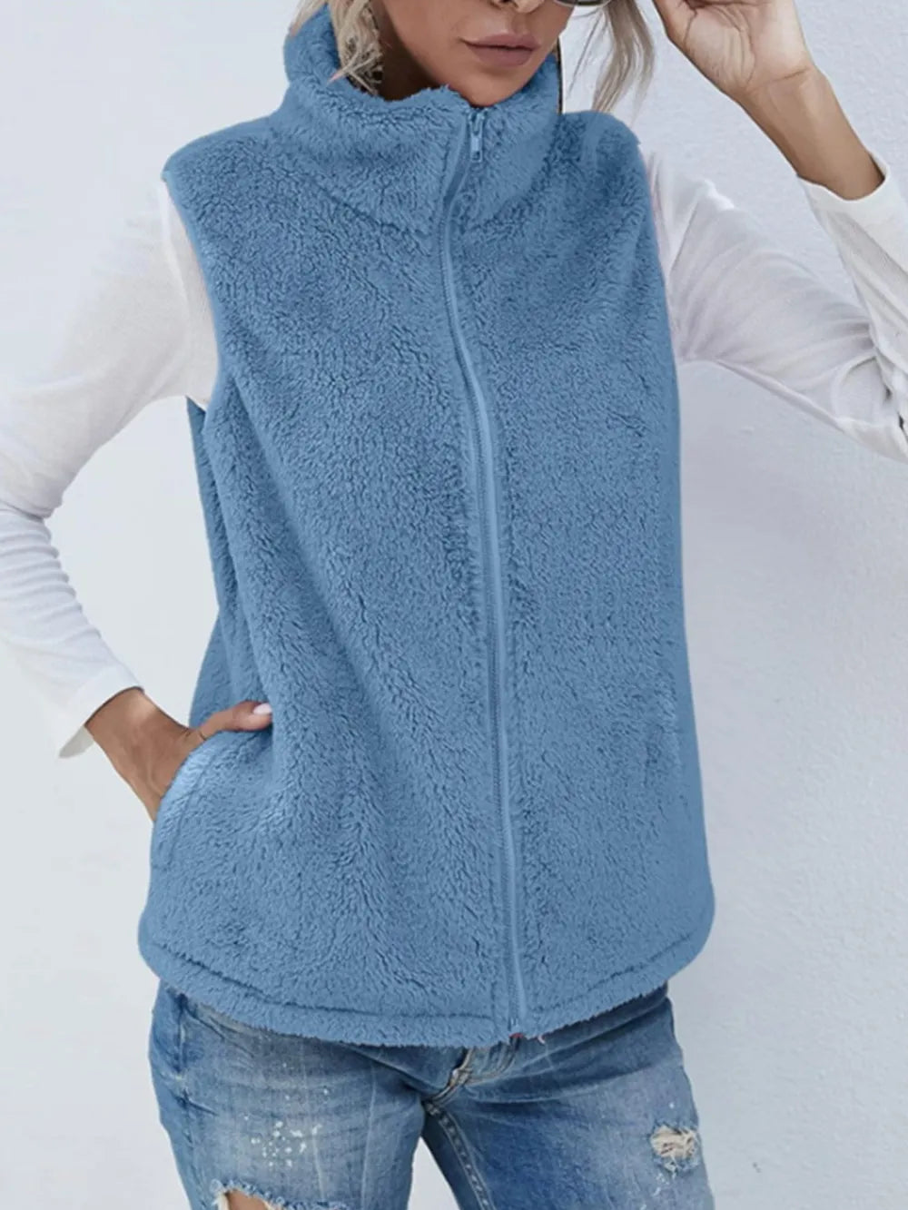 Full Size Fuzzy Zip Up Vest Coat with Pockets in Blue