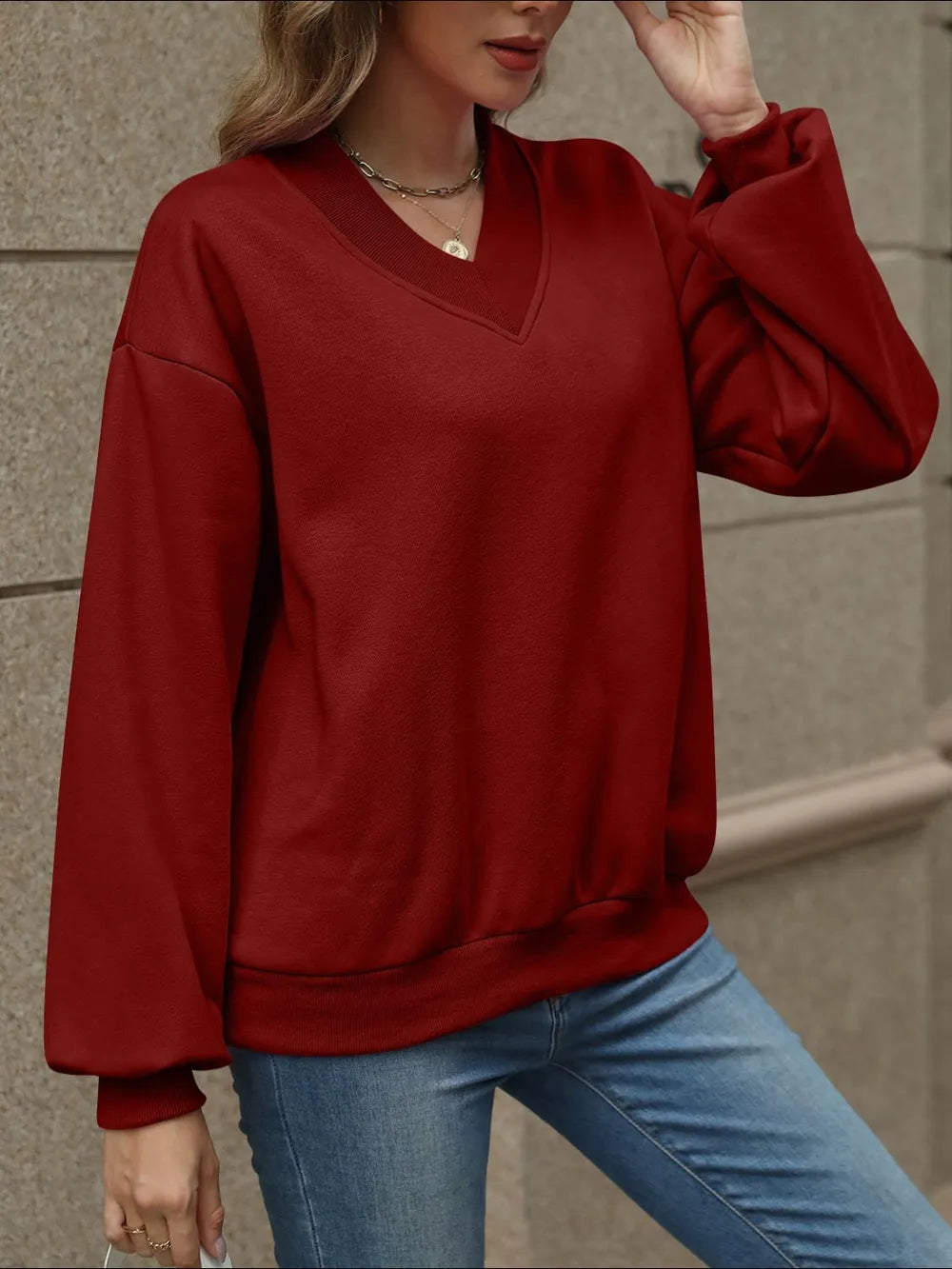 V-Neck Long Sleeve Dropped Shoulder Sweatshirt - Lilixa.store