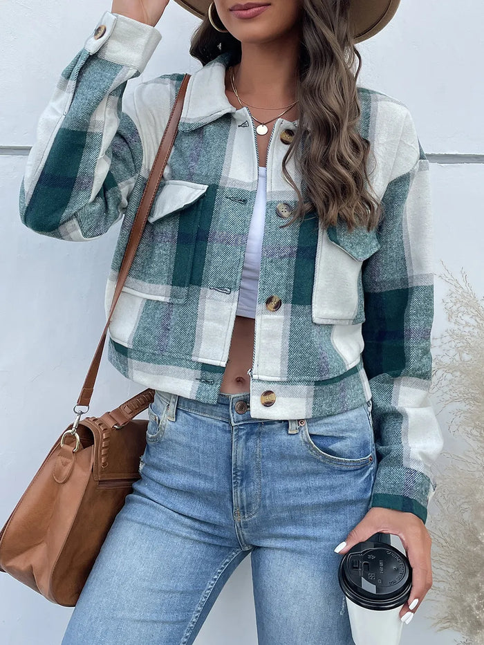 Perfee Plaid Button Up Drop Shoulder Cropped Jacket in Green