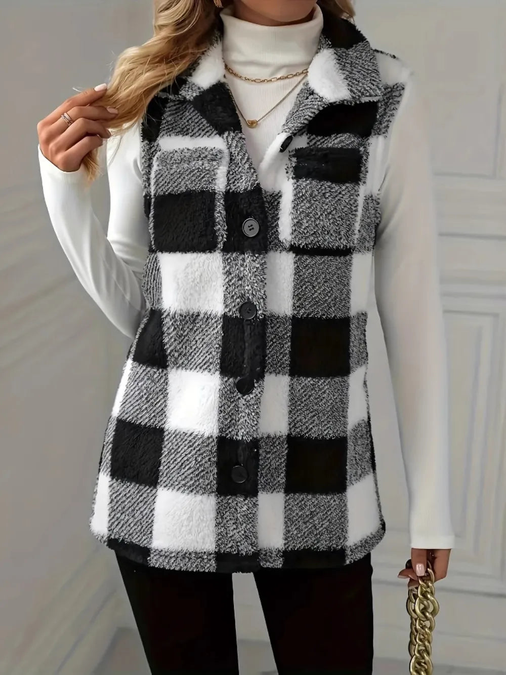 Plaid Button Up Vest Coat in Black