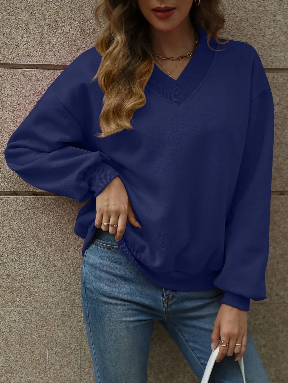 V-Neck Long Sleeve Dropped Shoulder Sweatshirt - Lilixa.store