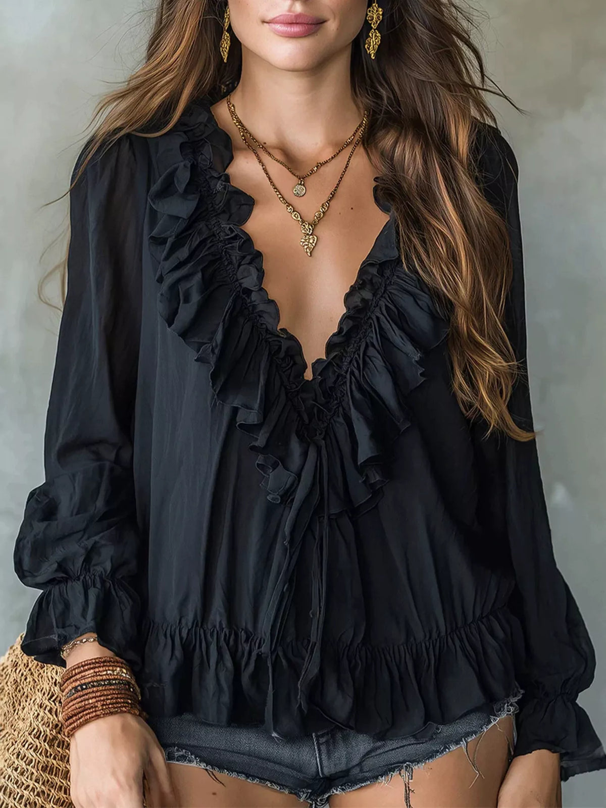 Ruffle V-Neck Long Sleeve Blouse in Black