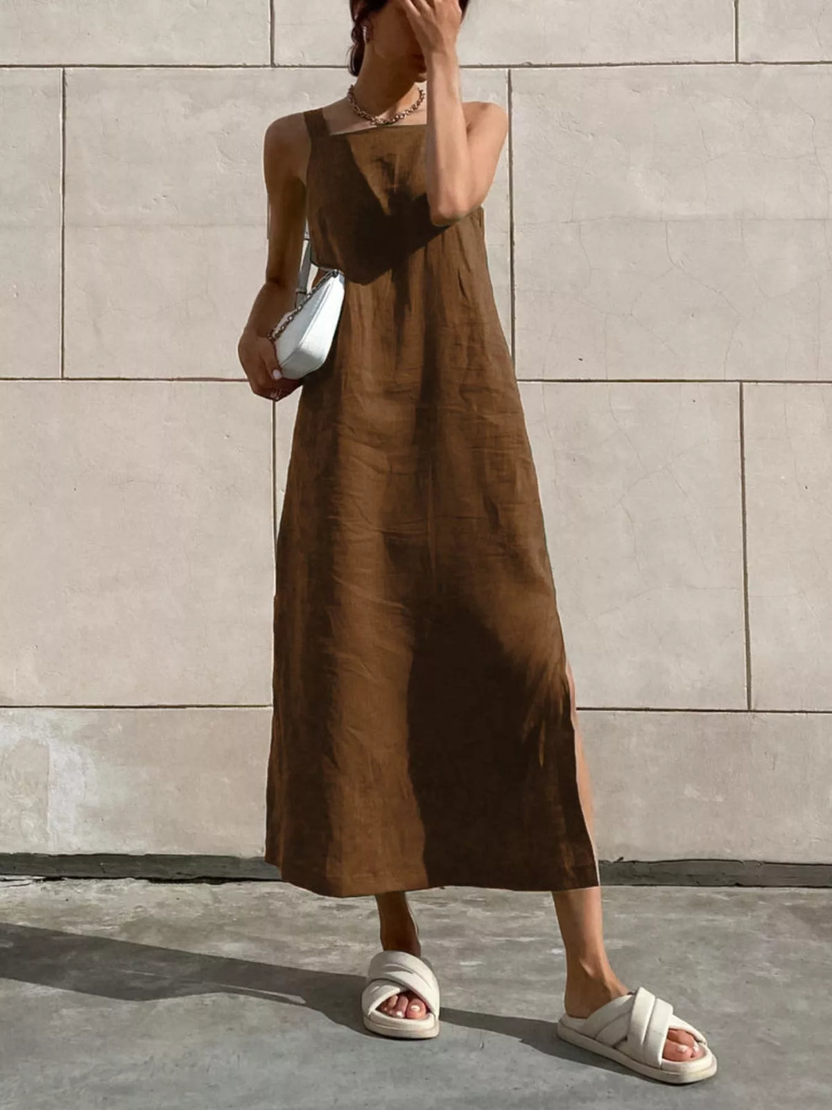 Side Slit Sleeveless Midi Dress in Brown