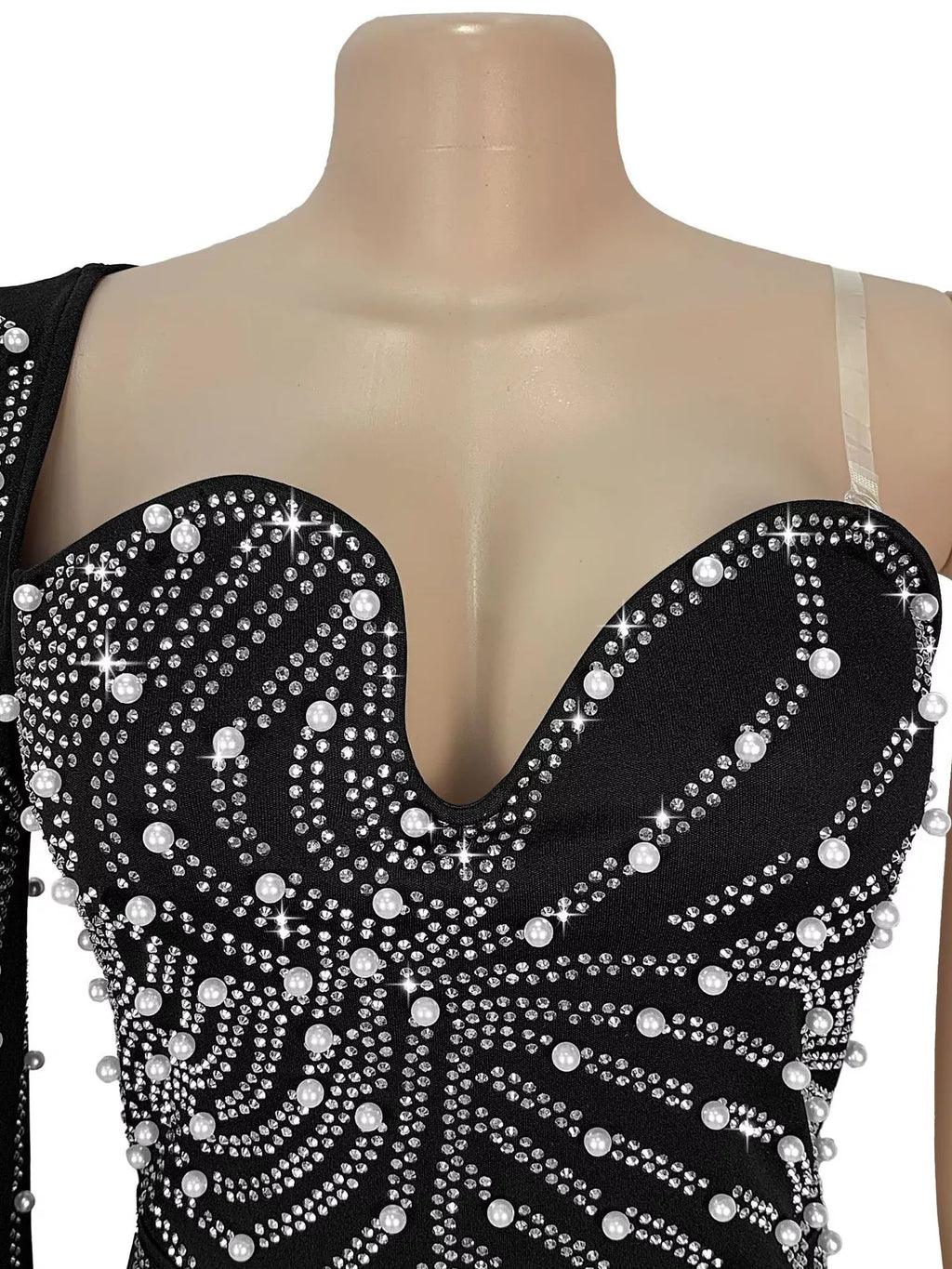 Rhinestone Pearl Detail One-Shoulder Mermaid Maxi Dress - Lilixa.store